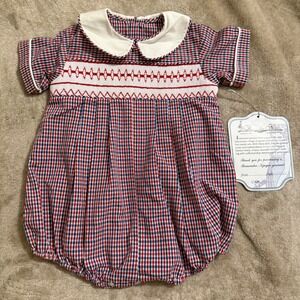 Remember Nguyen Baby Boys Gingham Smocked Bubble Romper Red Blue White 6M NWT